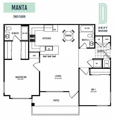 Floor plan for 2 beds, 2 baths, 1025 sqft